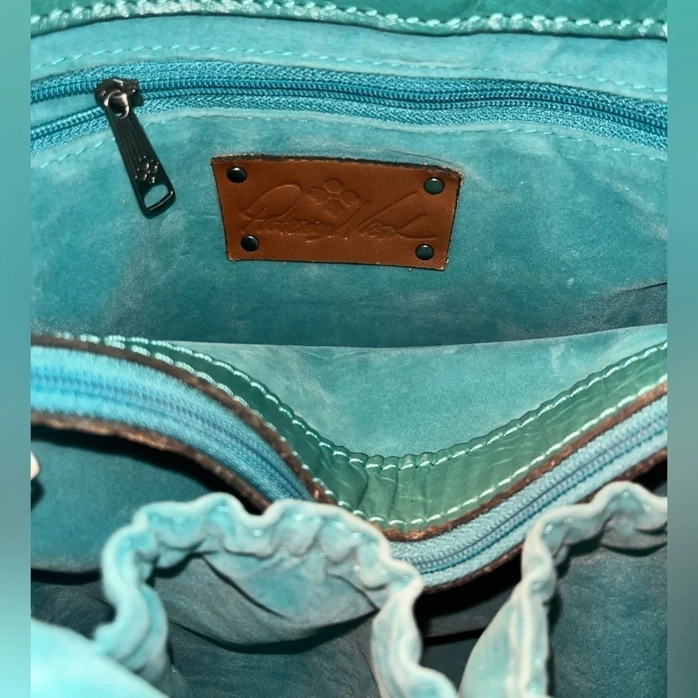 Patricia Nash Octavia Leather Blue Teal & Beige Women's Wicker Woven Tote